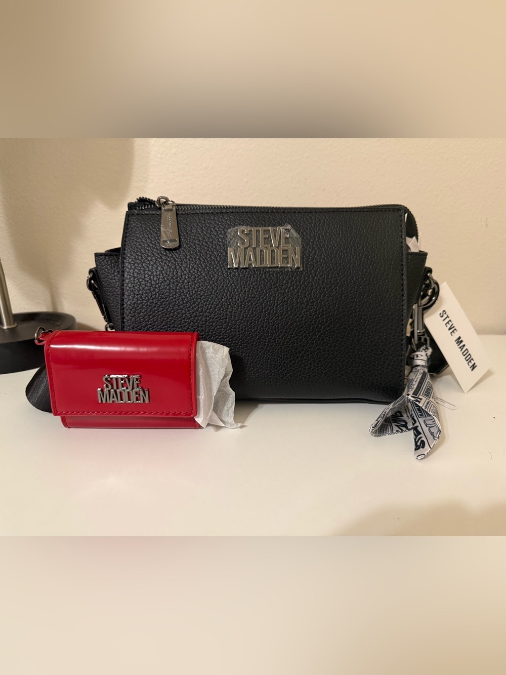 Steve Madden Black Crossbody Bag with Red Card Wallet